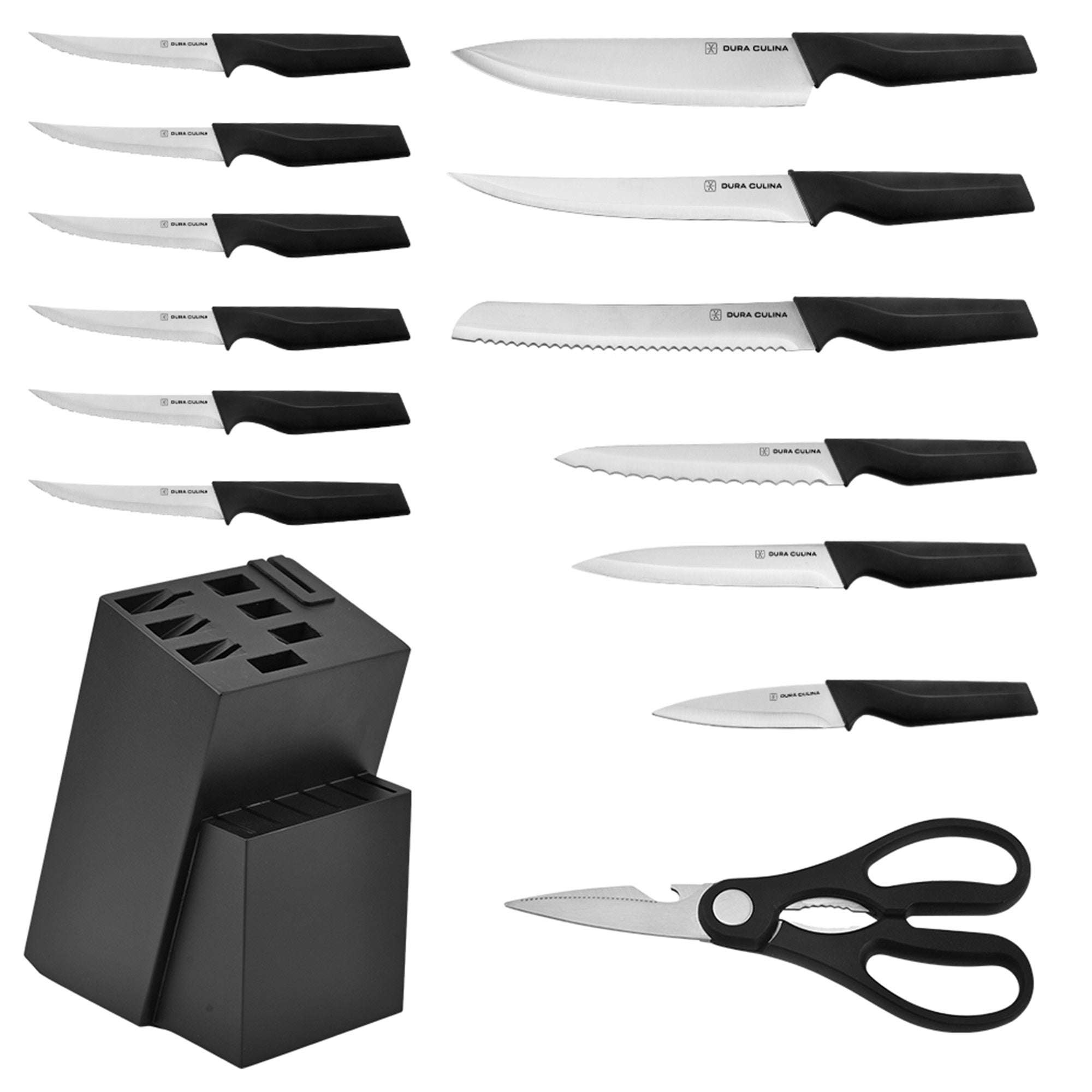 14-Piece Knife Block Set - High Carbon Stainless Steel with Ergonomic Handles, Built-In Sharpener, Black Wood Storage Block