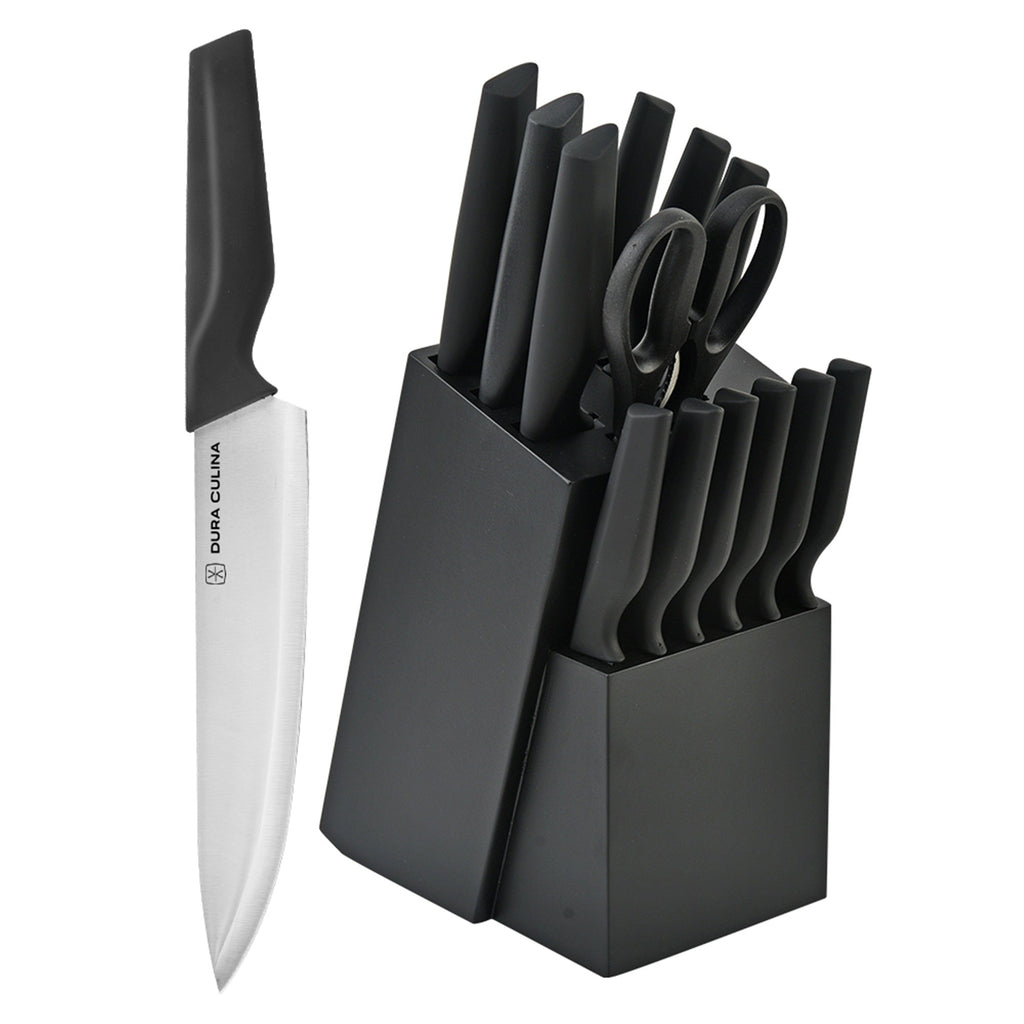 14-Piece Knife Block Set - High Carbon Stainless Steel with Ergonomic Handles, Built-In Sharpener, Black Wood Storage Block
