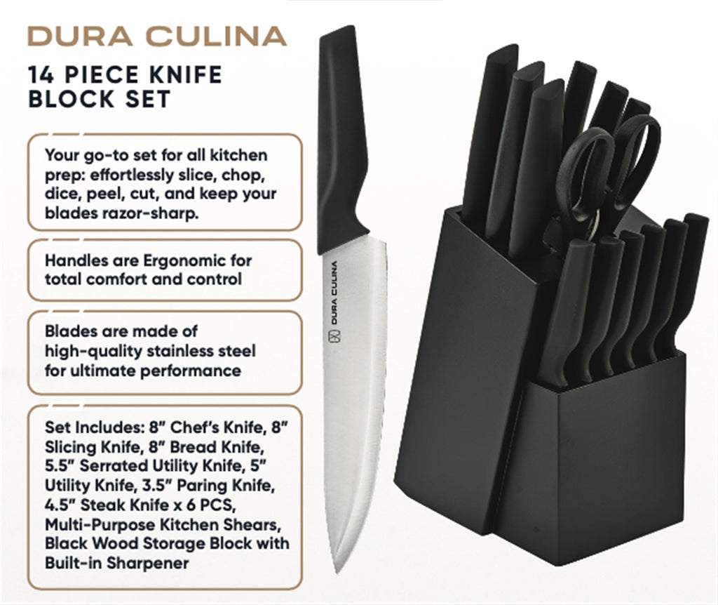 14-Piece Knife Block Set - High Carbon Stainless Steel with Ergonomic Handles, Built-In Sharpener, Black Wood Storage Block