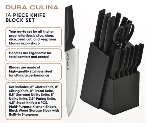 14-Piece Knife Block Set - High Carbon Stainless Steel with Ergonomic Handles, Built-In Sharpener, Black Wood Storage Block
